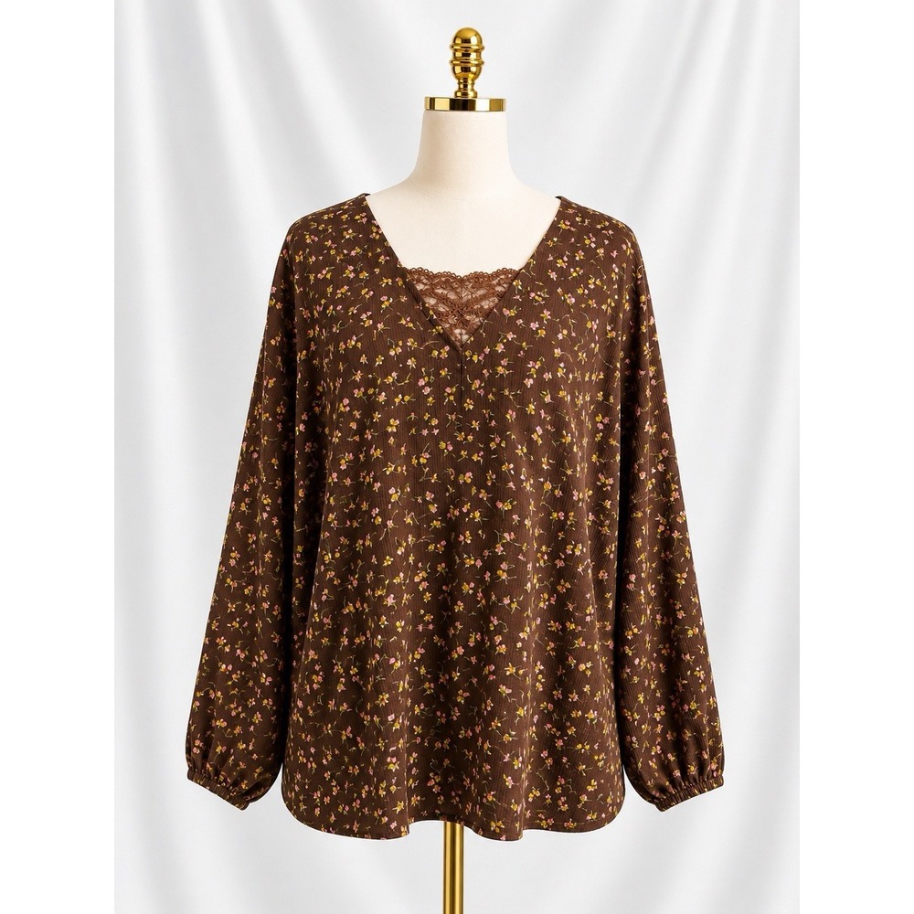 Isaac Mizrahi Live Woven Crepe Blouse Pleat Detail Brown Pink Floral Lace 28W